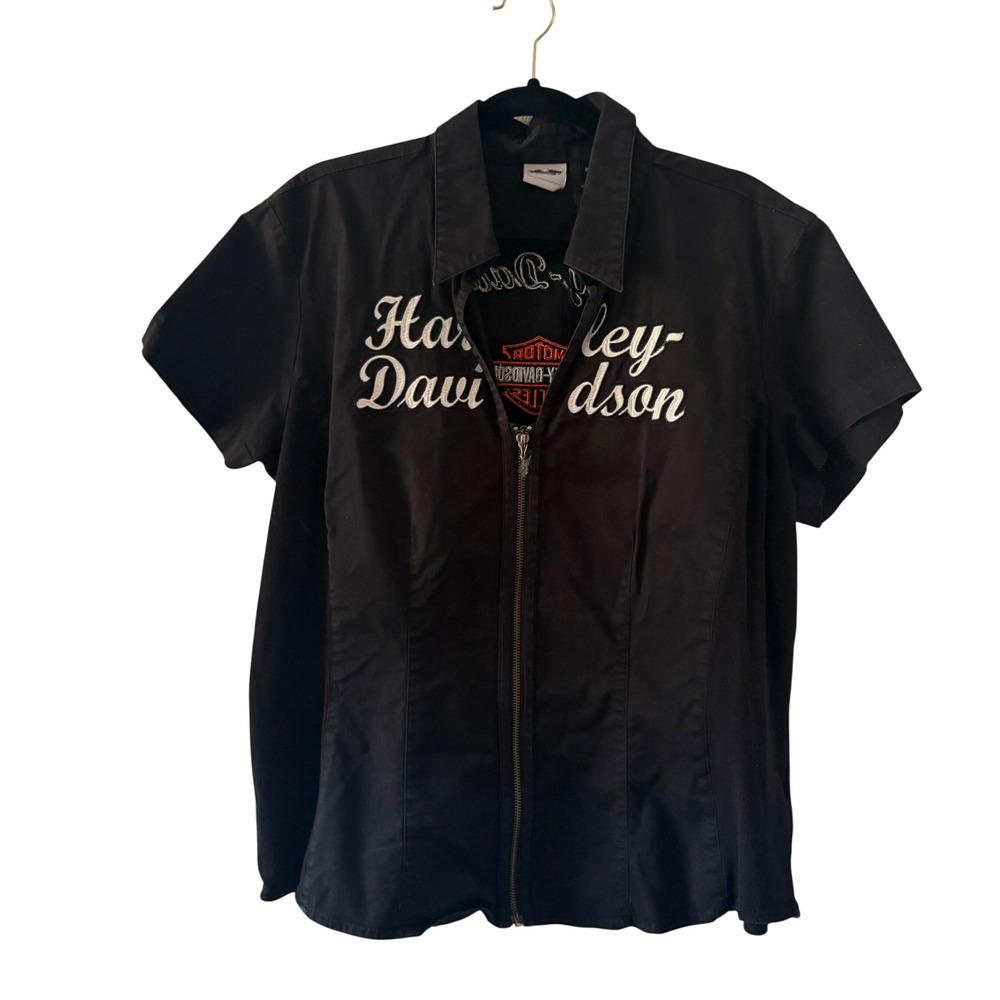 Harley Davidson Womens 2XL Black Zip Up Mecha Embroider Eagle Work Top Stretch